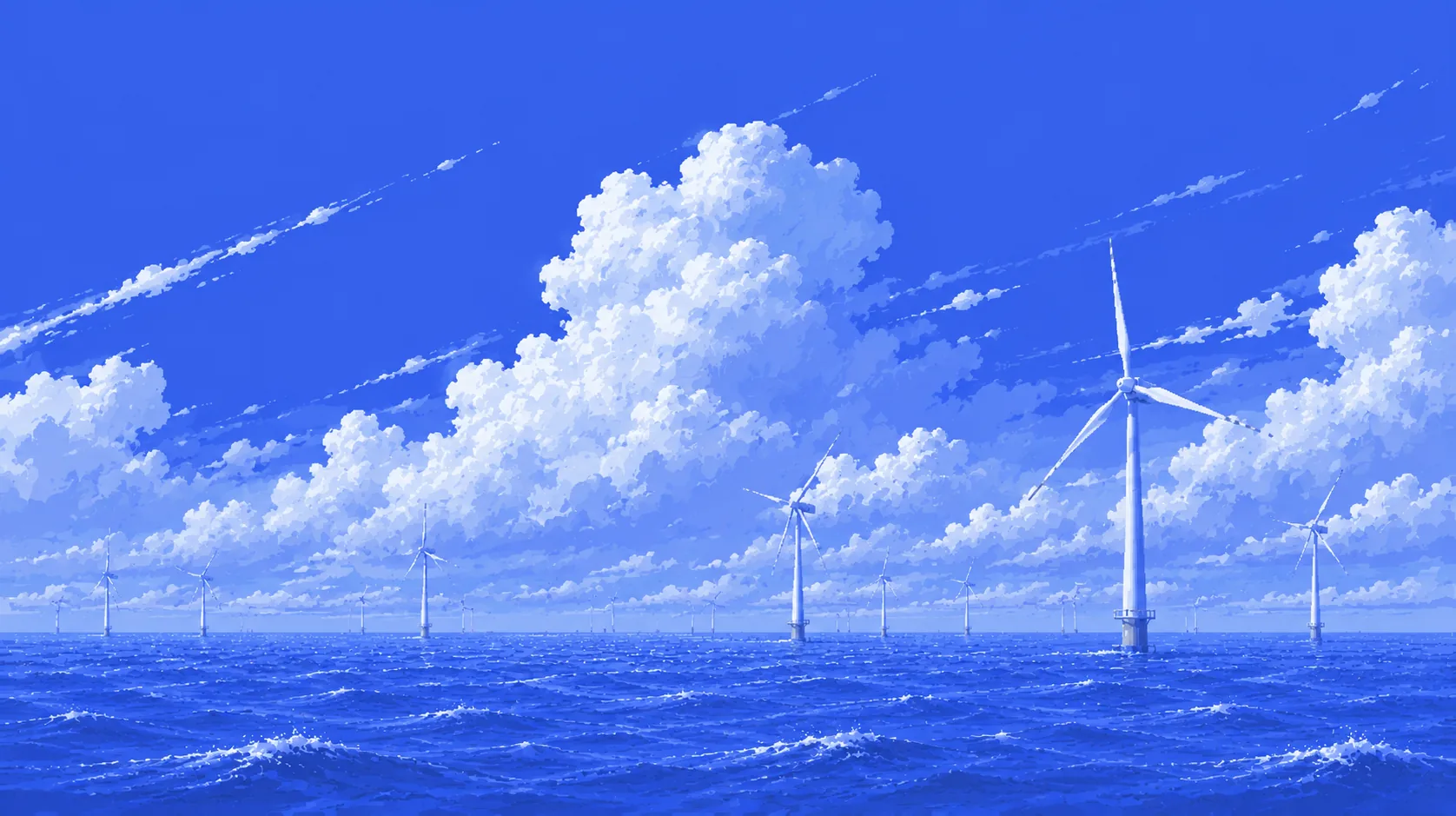 Wind turbines at sea under a bright blue sky with white clouds.
