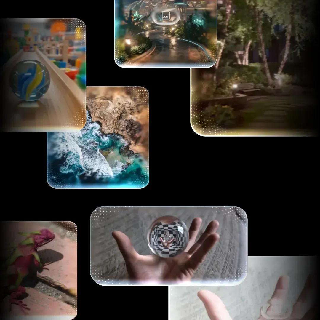 A collage of calm, everyday scenes seen through rounded glass panels.